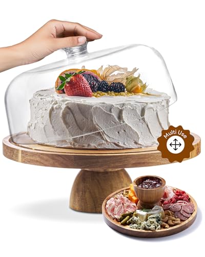 12 Inch Acacia Wood Cake Stand with Dome Lid