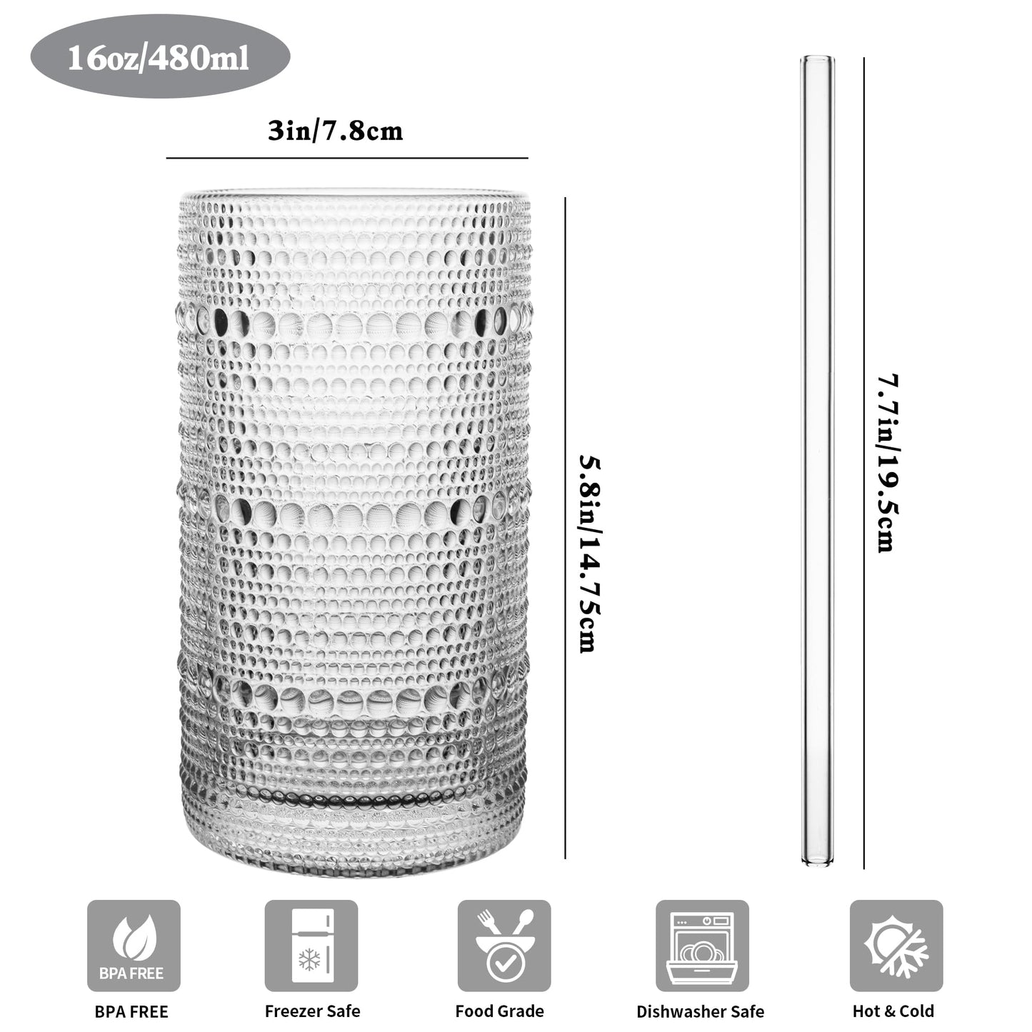 16oz Vintage Hobnail Drinking Glasses Set of 12